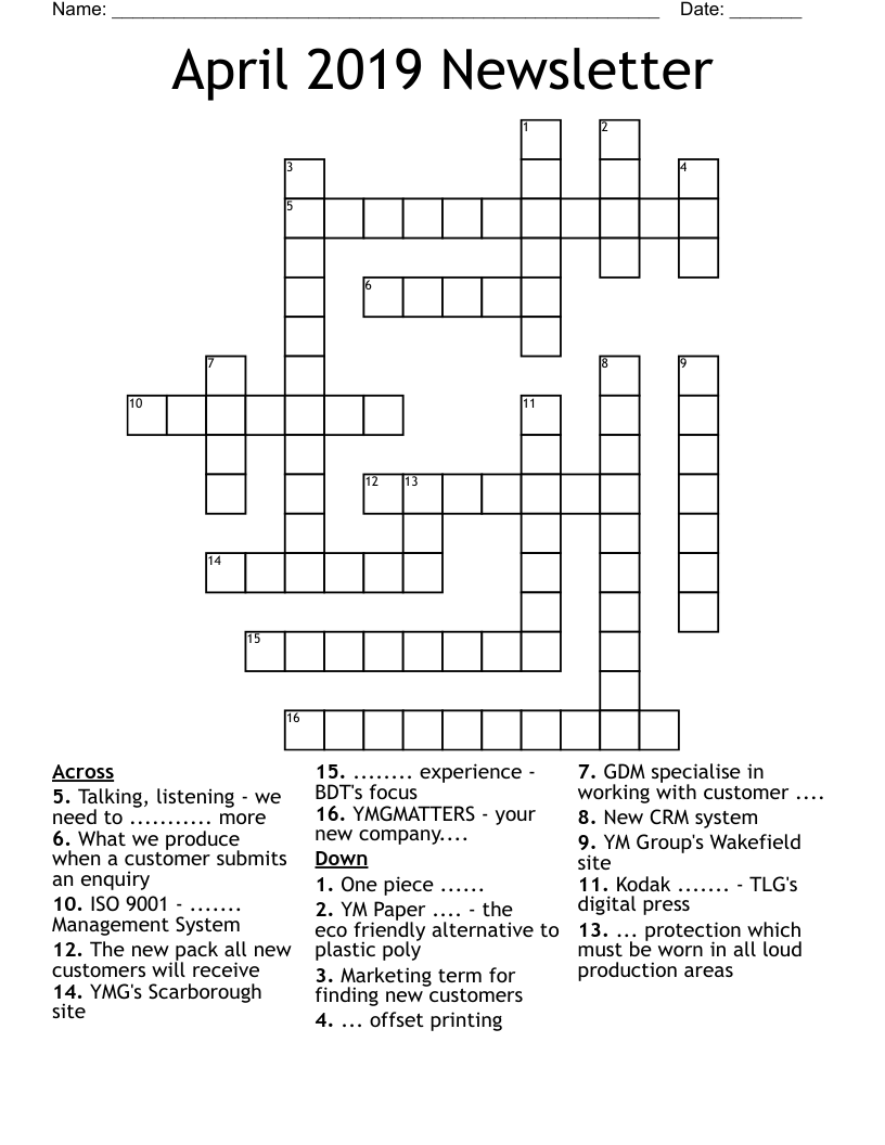 April 2019 Newsletter Crossword