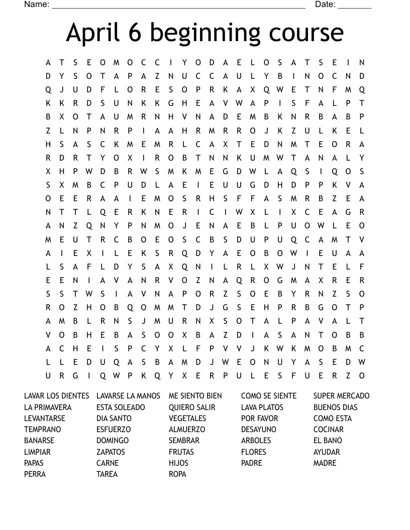 April 6 beginning course Word Search