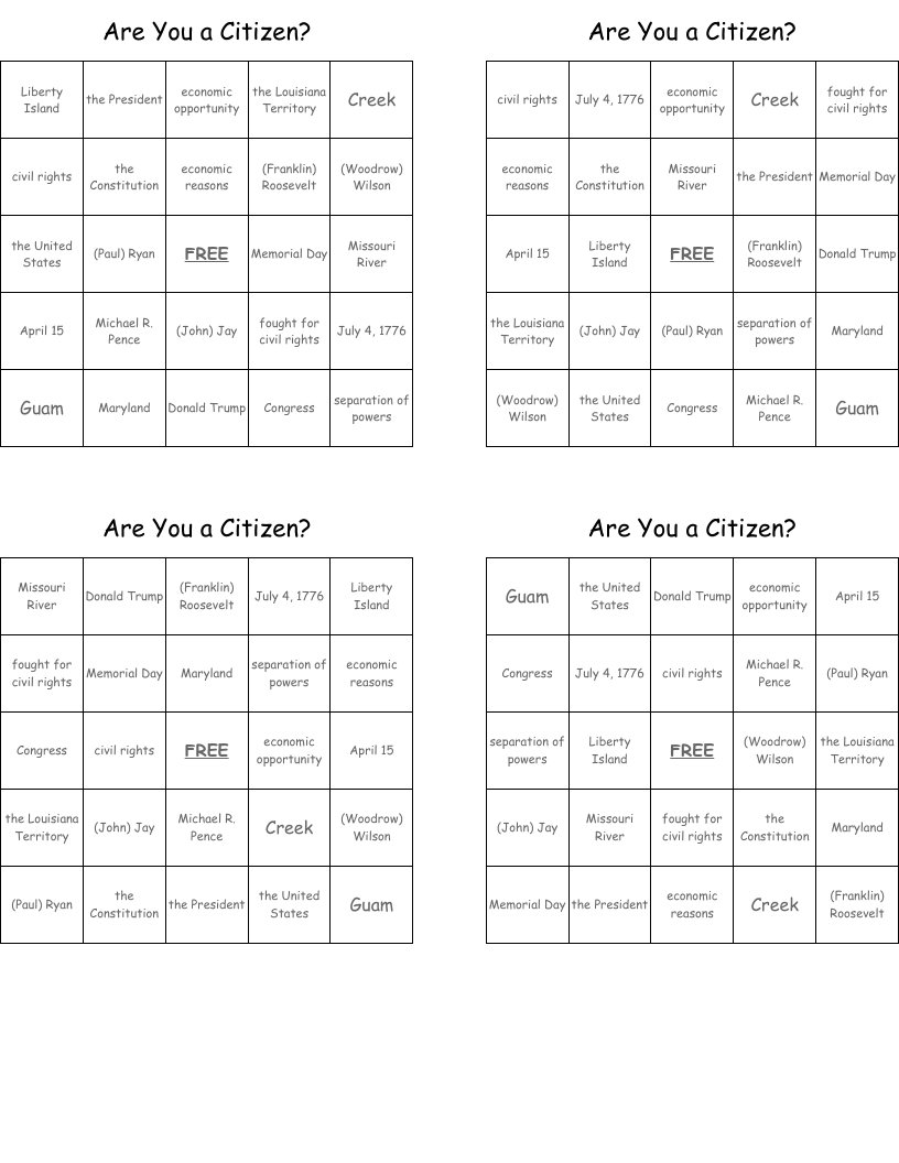 Are You a Citizen?  Bingo Cards