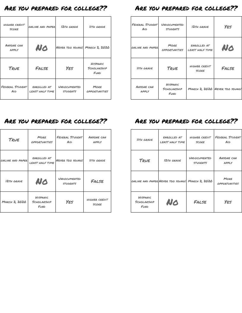 Are you prepared for college?? Bingo Cards