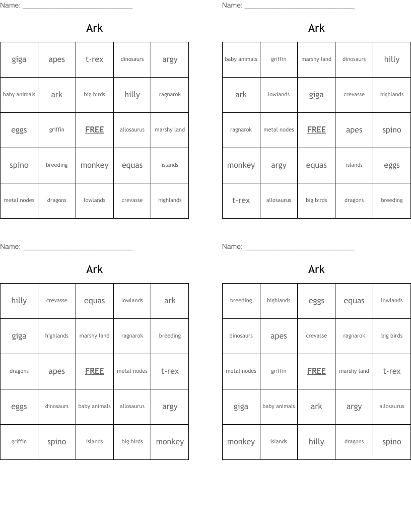Ark Bingo Cards