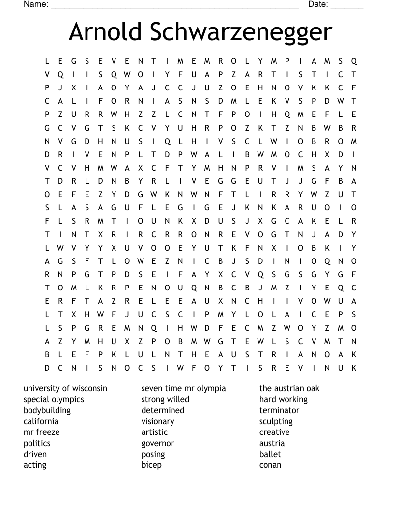Arnold Schwarzenegger Word Search