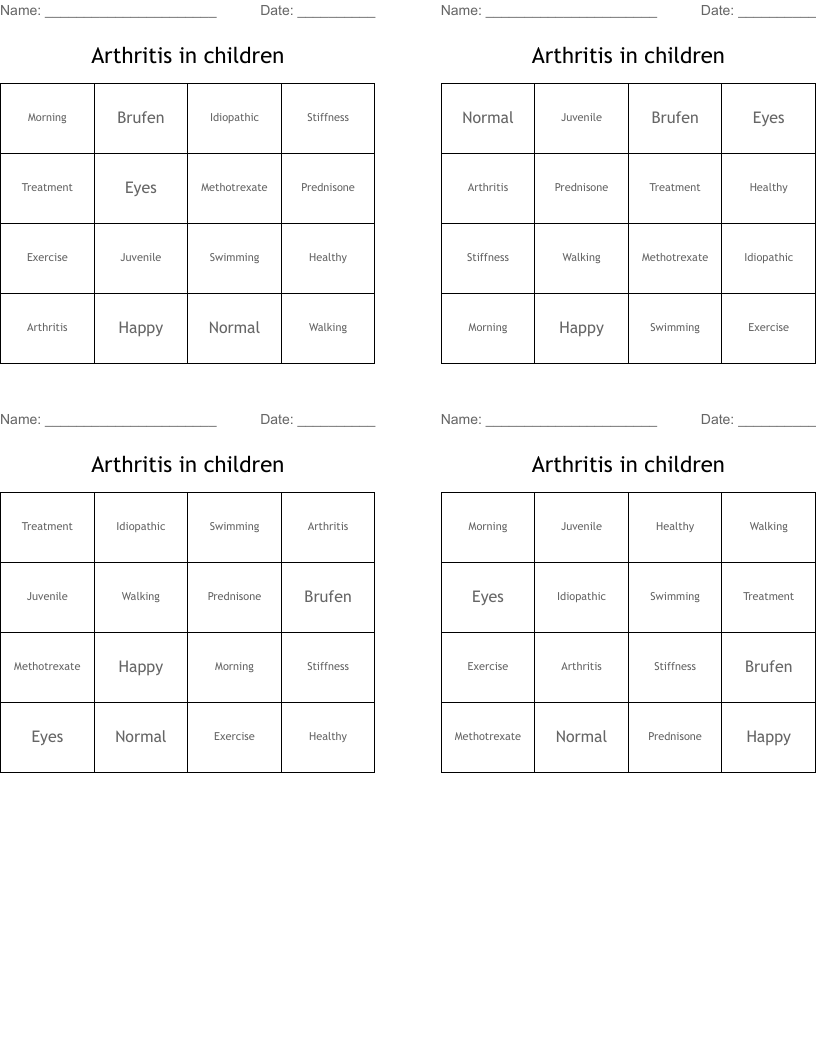 Arthritis in children Bingo Cards
