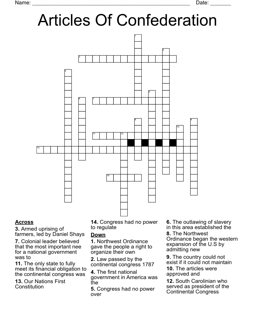 Articles Of Confederation Crossword WordMint