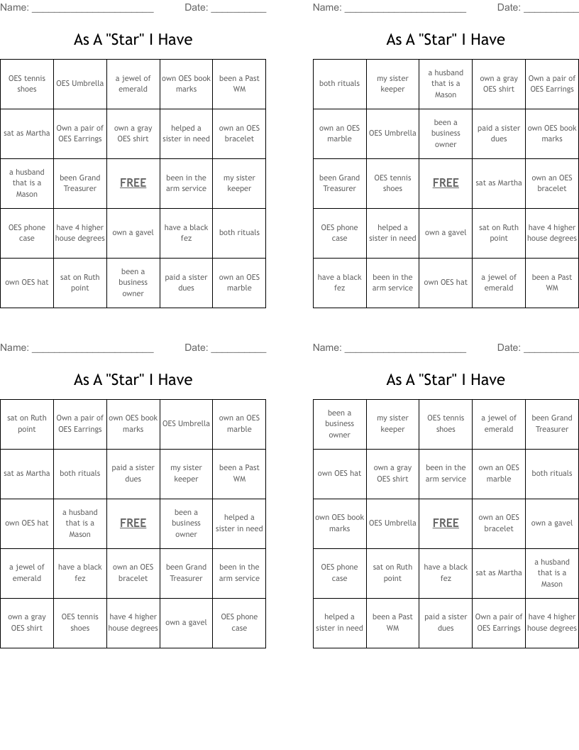 As A "Star" I Have Bingo Cards