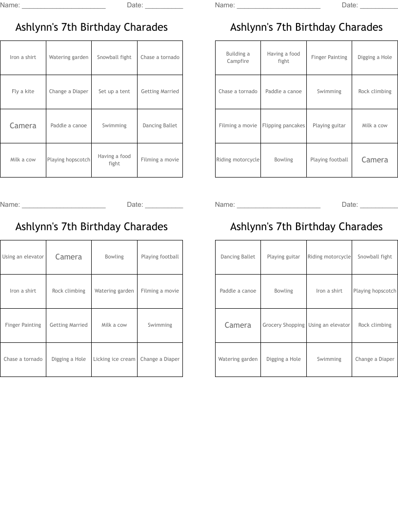Ashlynn's 7th Birthday Charades Bingo Cards