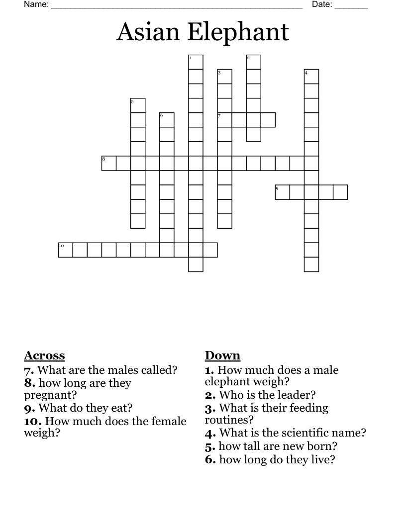 Asian Elephant Crossword