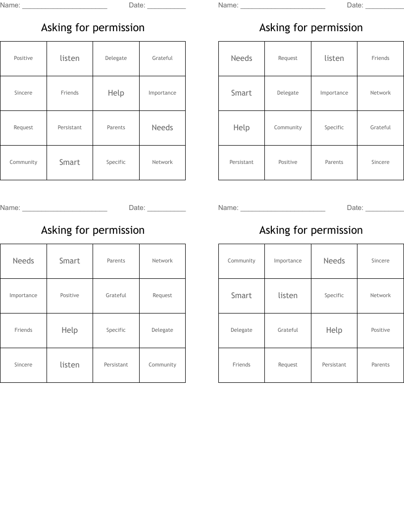 Asking for permission Bingo Cards