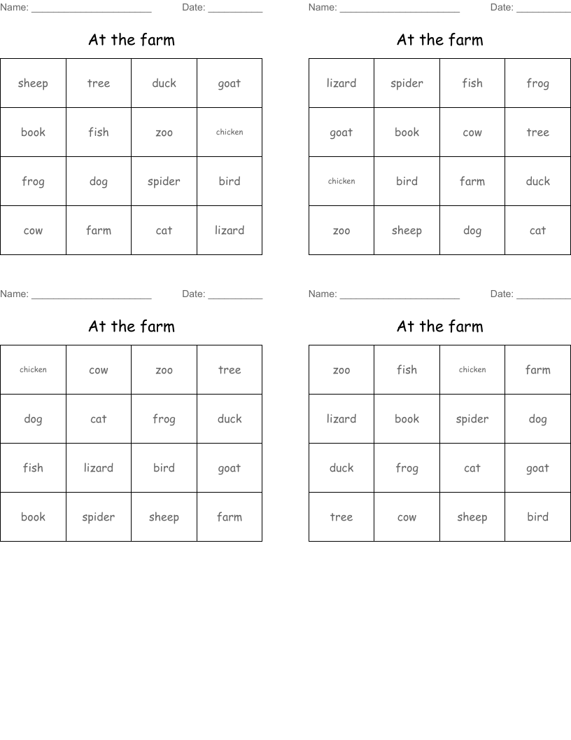 At the farm Bingo Cards