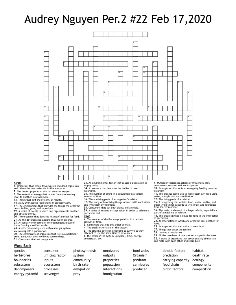 Audrey Nguyen Per.2 #22 Feb 17,2020 Crossword
