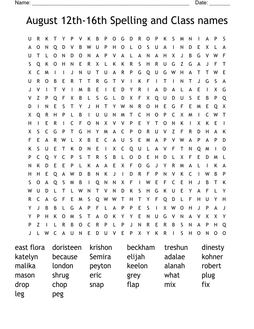August 12th-16th Spelling and Class names Word Search