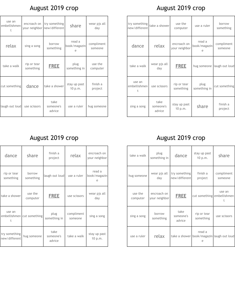August 2019 crop Bingo Cards