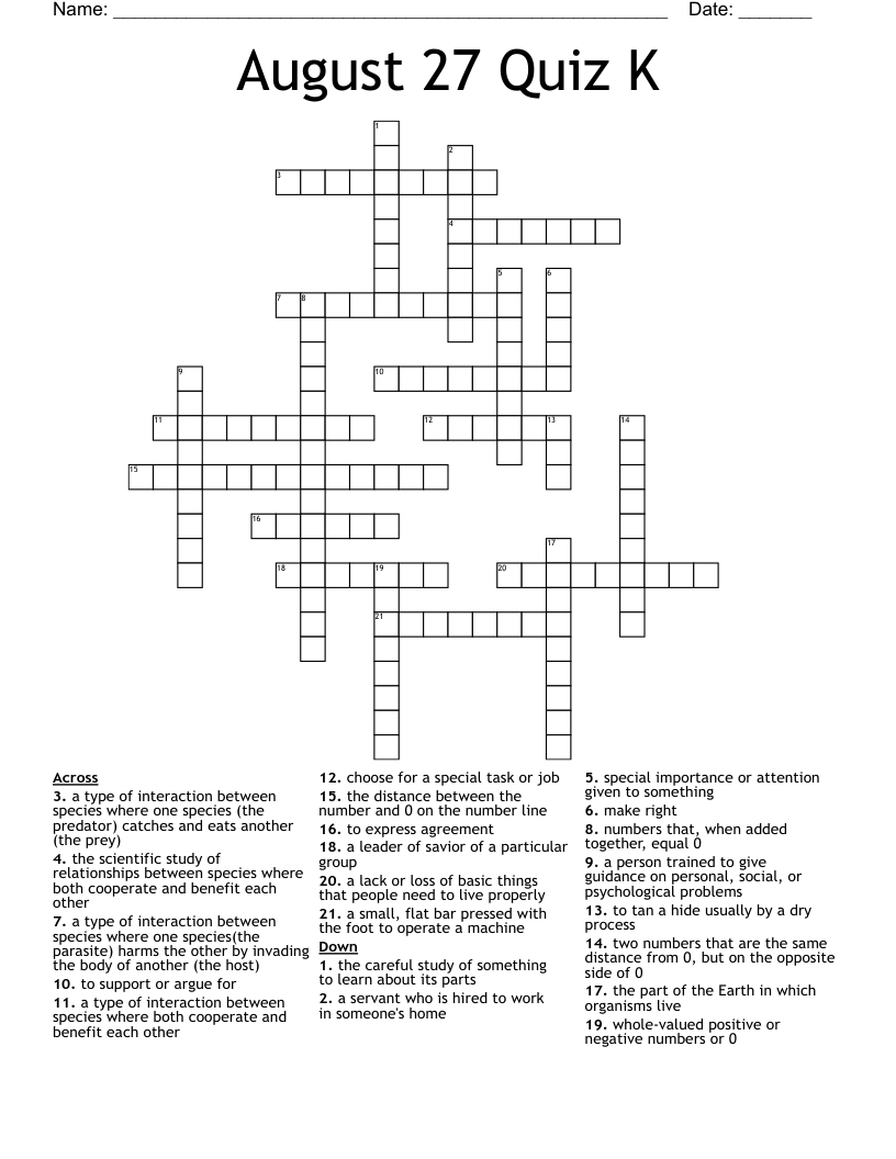 August 27 Quiz K Crossword