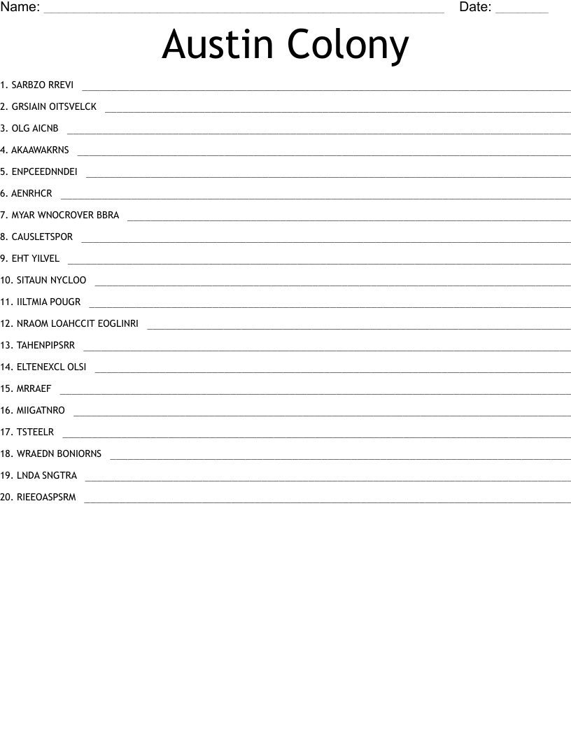 Austin Colony Word Scramble