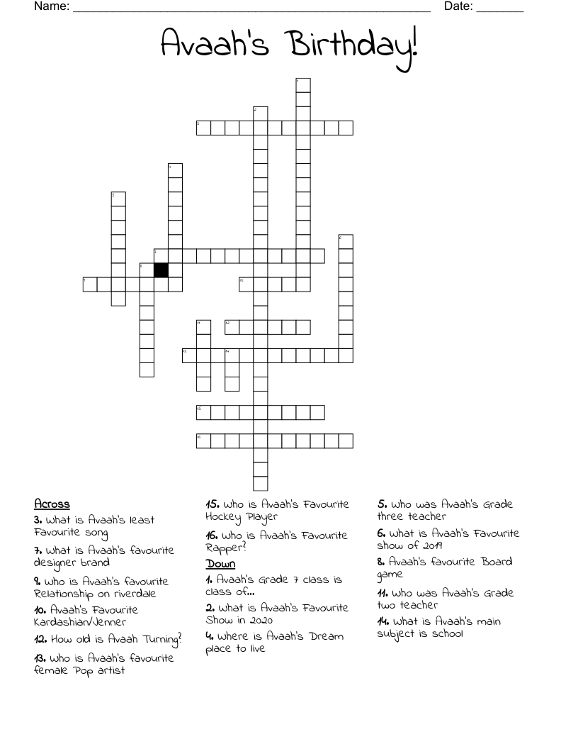 Avaah’s Birthday! Crossword - WordMint