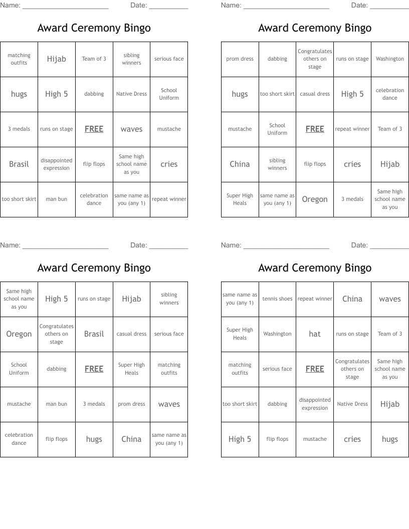 Award Ceremony Bingo