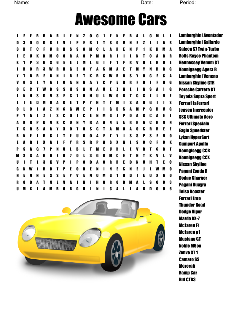 Printable Car Word Search Puzzles