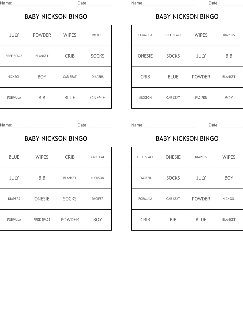 BABY NICKSON BINGO