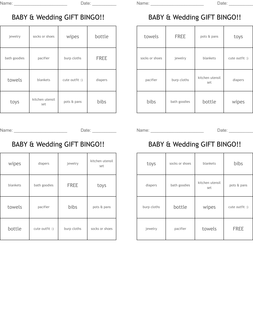 BABY & Wedding GIFT BINGO!!