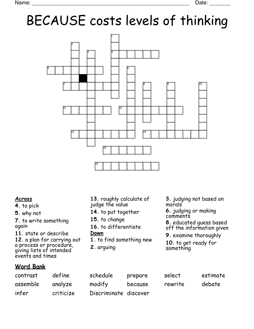 BECAUSE costs levels of thinking Crossword WordMint