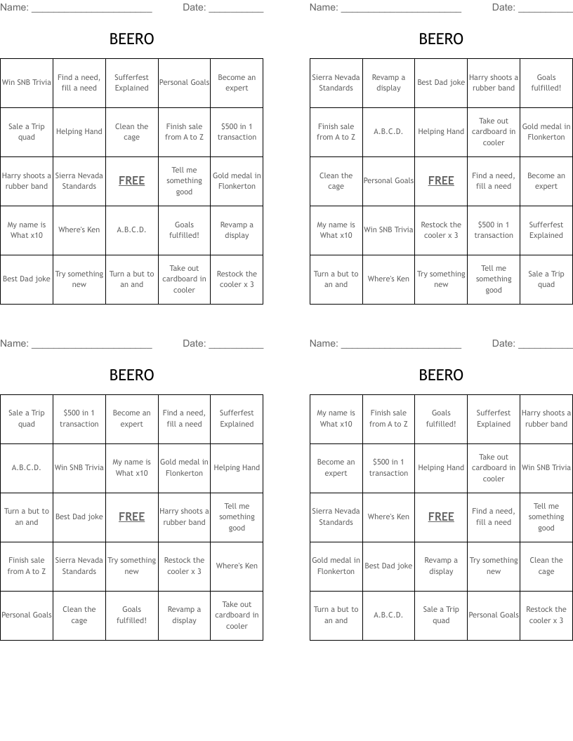 BEERO Bingo Cards