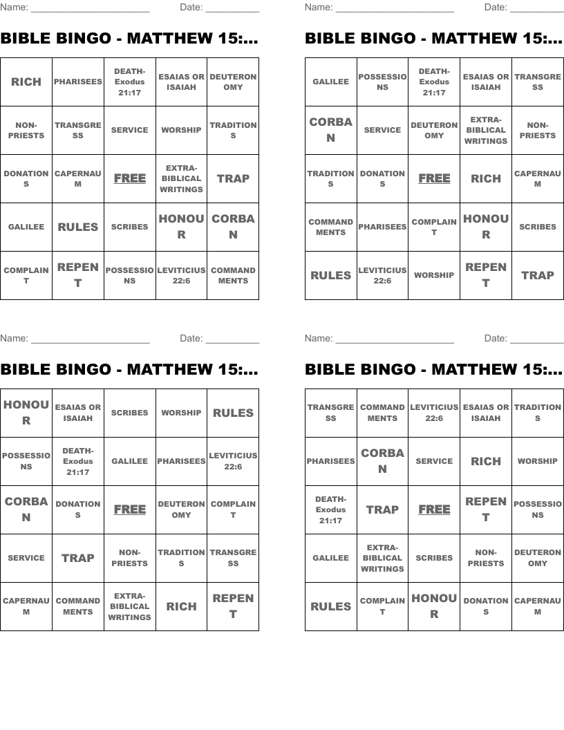 BIBLE BINGO - MATTHEW 15: 1-9