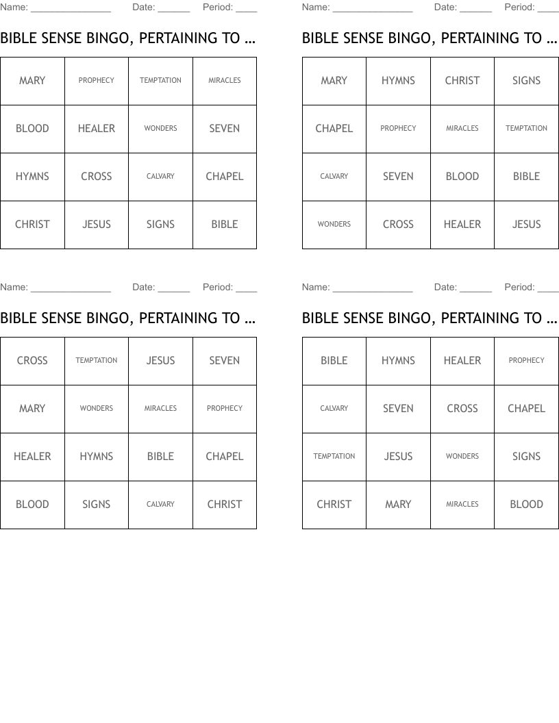 BIBLE SENSE BINGO, PERTAINING TO JESUS