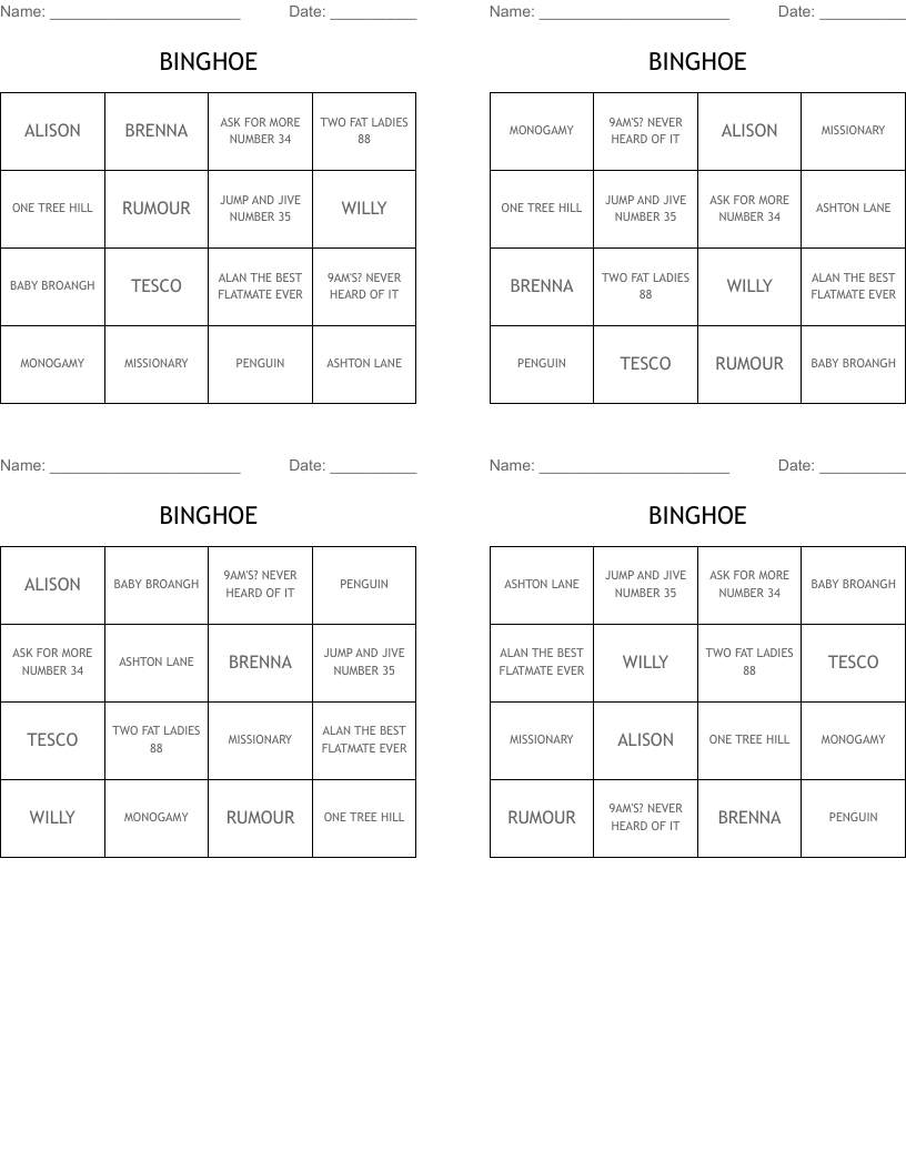 BINGHOE Bingo Cards