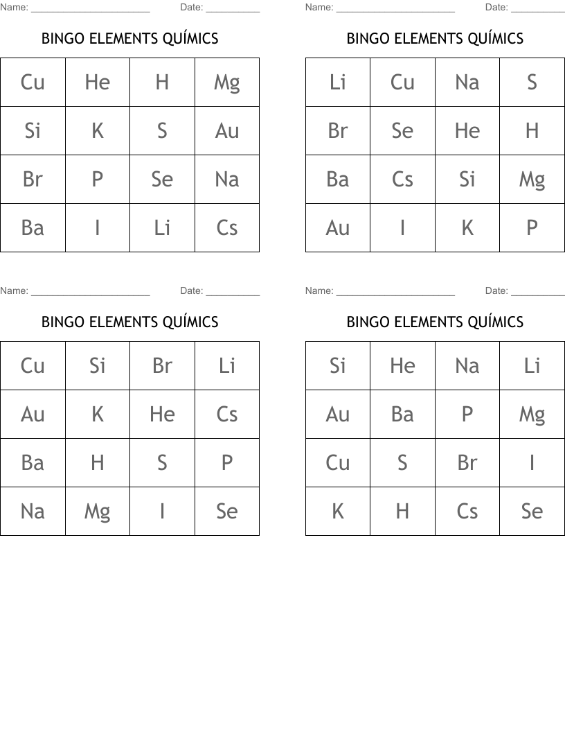 BINGO ELEMENTS QUÍMICS