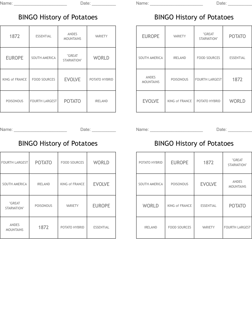 BINGO  History of Potatoes