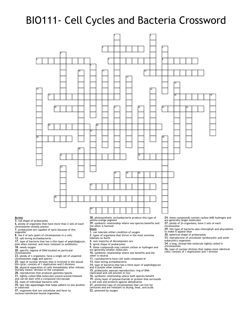 BIO111 Cell Cycles And Bacteria Crossword WordMint