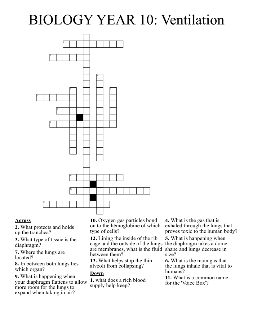 BIOLOGY YEAR 10: Ventilation  Crossword