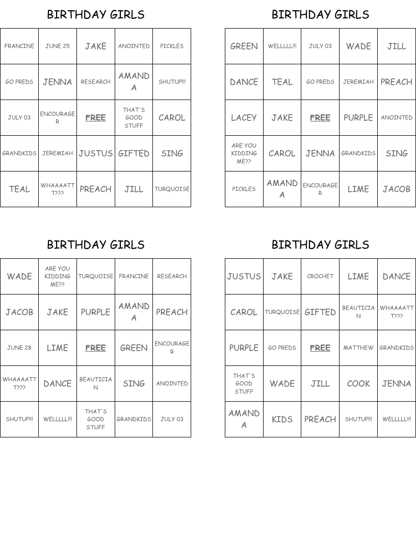 BIRTHDAY GIRLS Bingo Cards