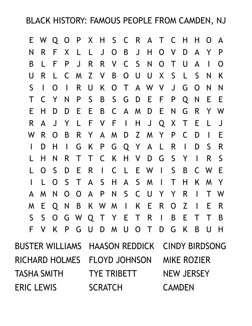 BLACK HISTORY: FAMOUS PEOPLE FROM CAMDEN, NJ Word Search