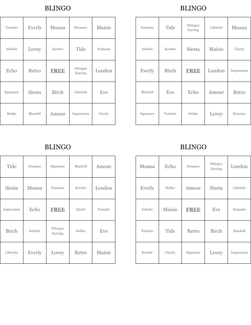 BLINGO Bingo Cards