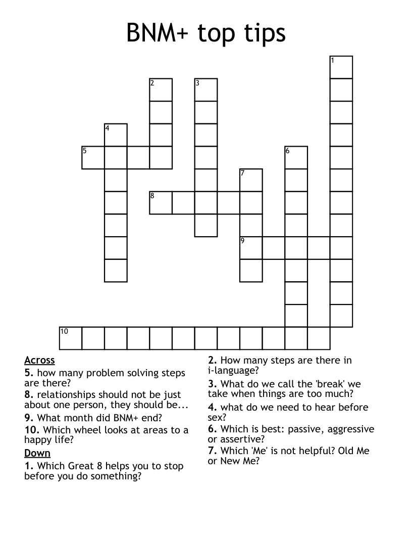 BNM+ top tips Crossword
