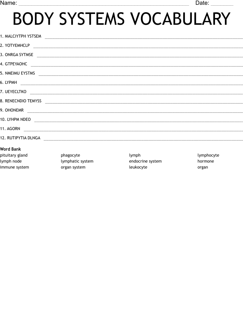BODY SYSTEMS VOCABULARY Word Scramble WordMint