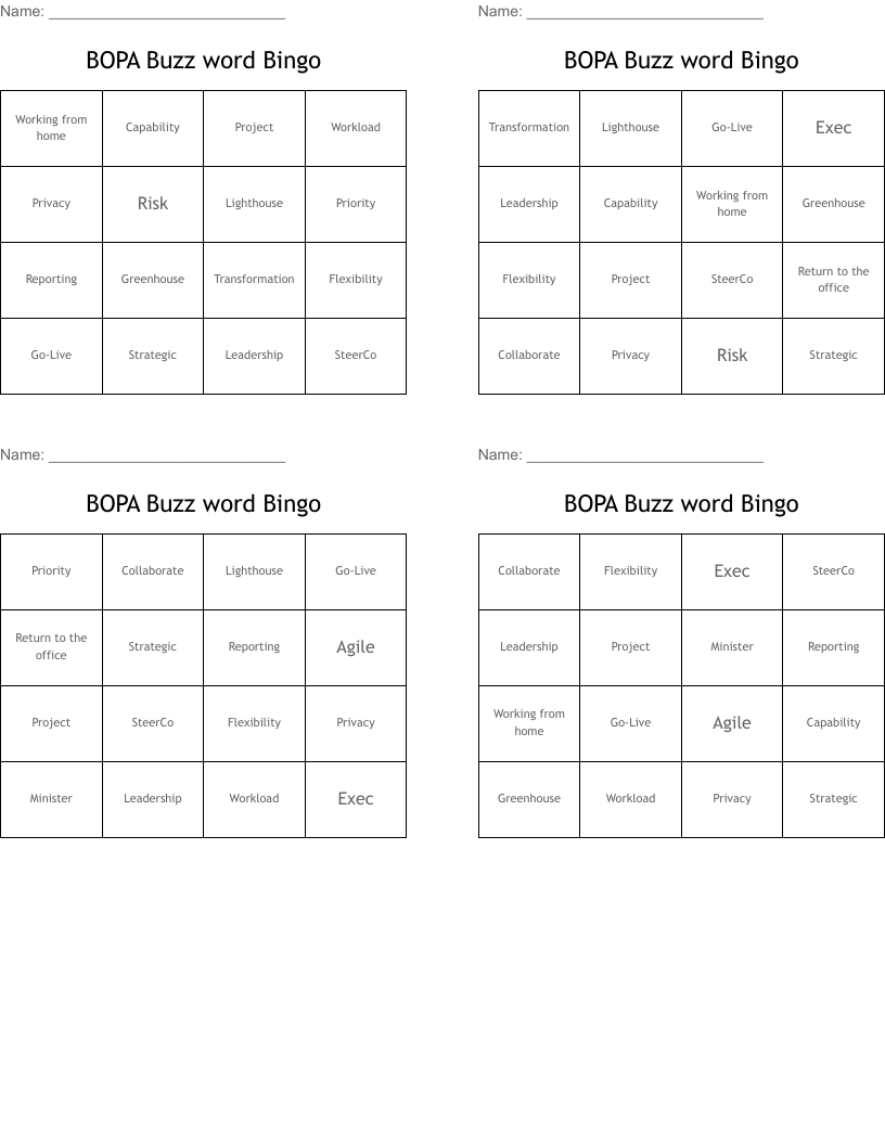 BOPA Buzz word Bingo