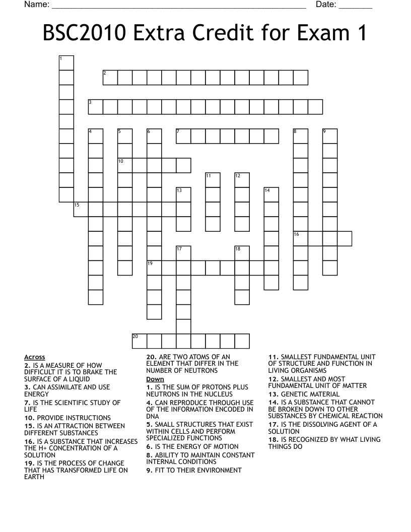 BSC2010 Extra Credit for Exam 1 Crossword