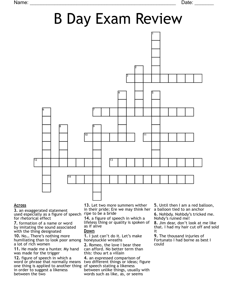 B Day Exam Review  Crossword