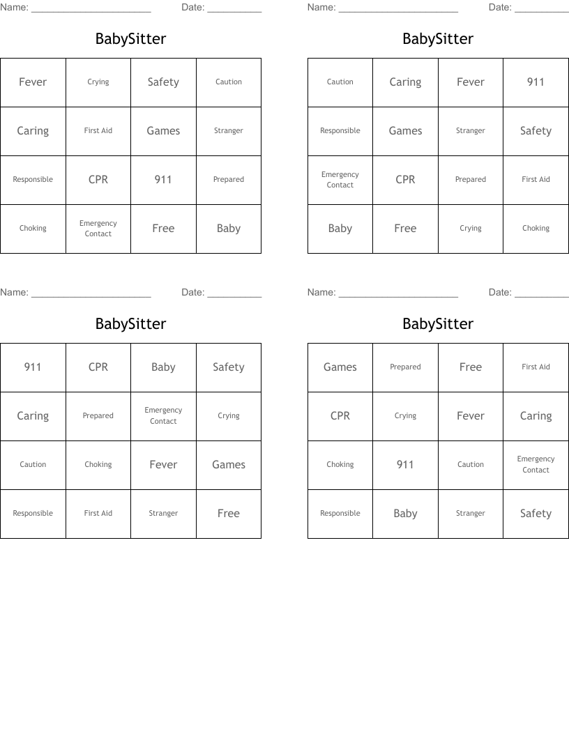 BabySitter  Bingo Cards