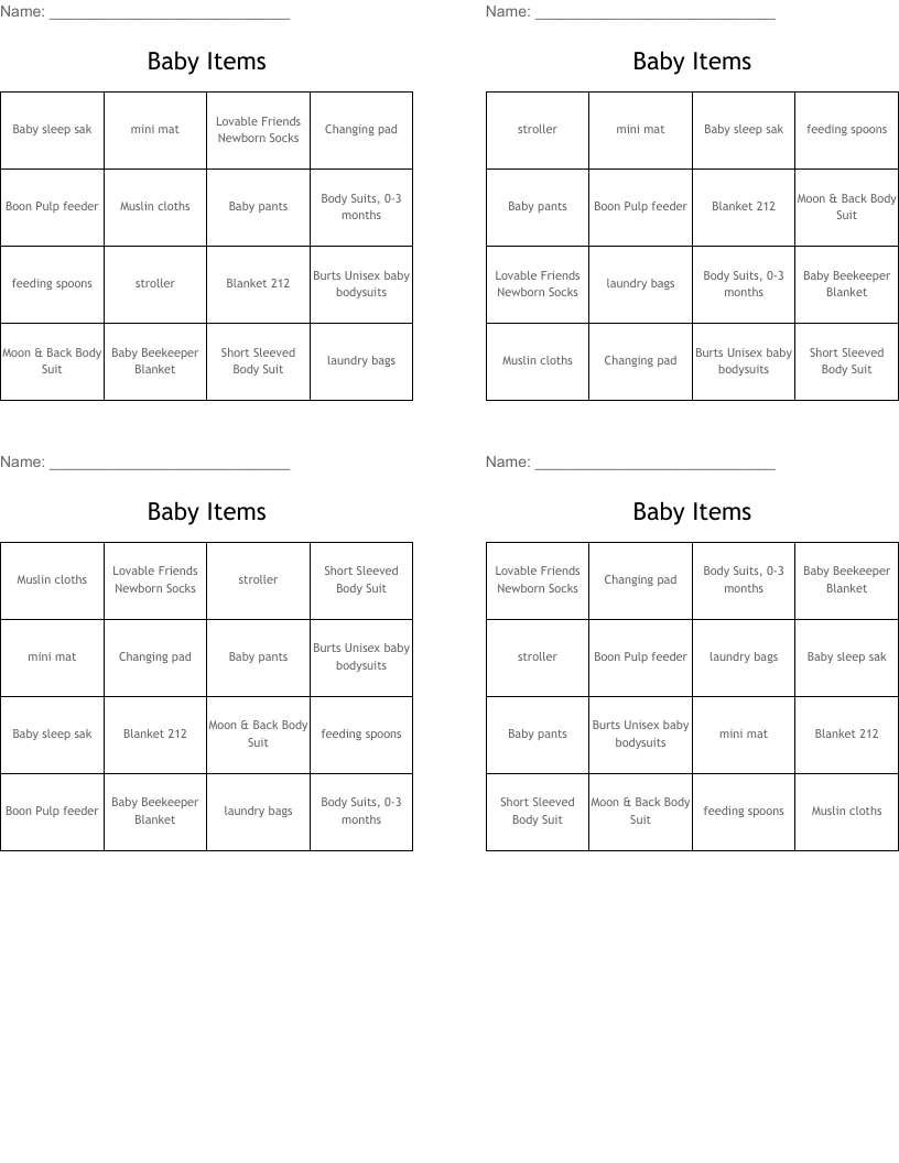 Baby Items Bingo Cards WordMint