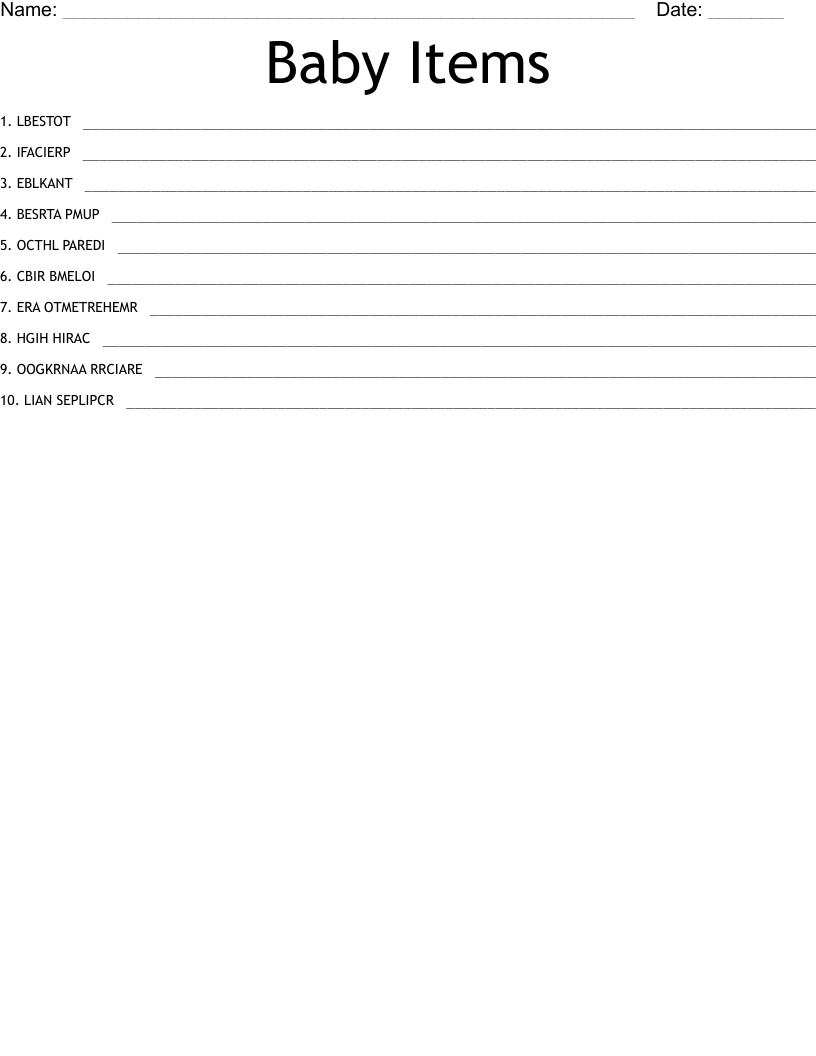 Baby Items Word Scramble WordMint