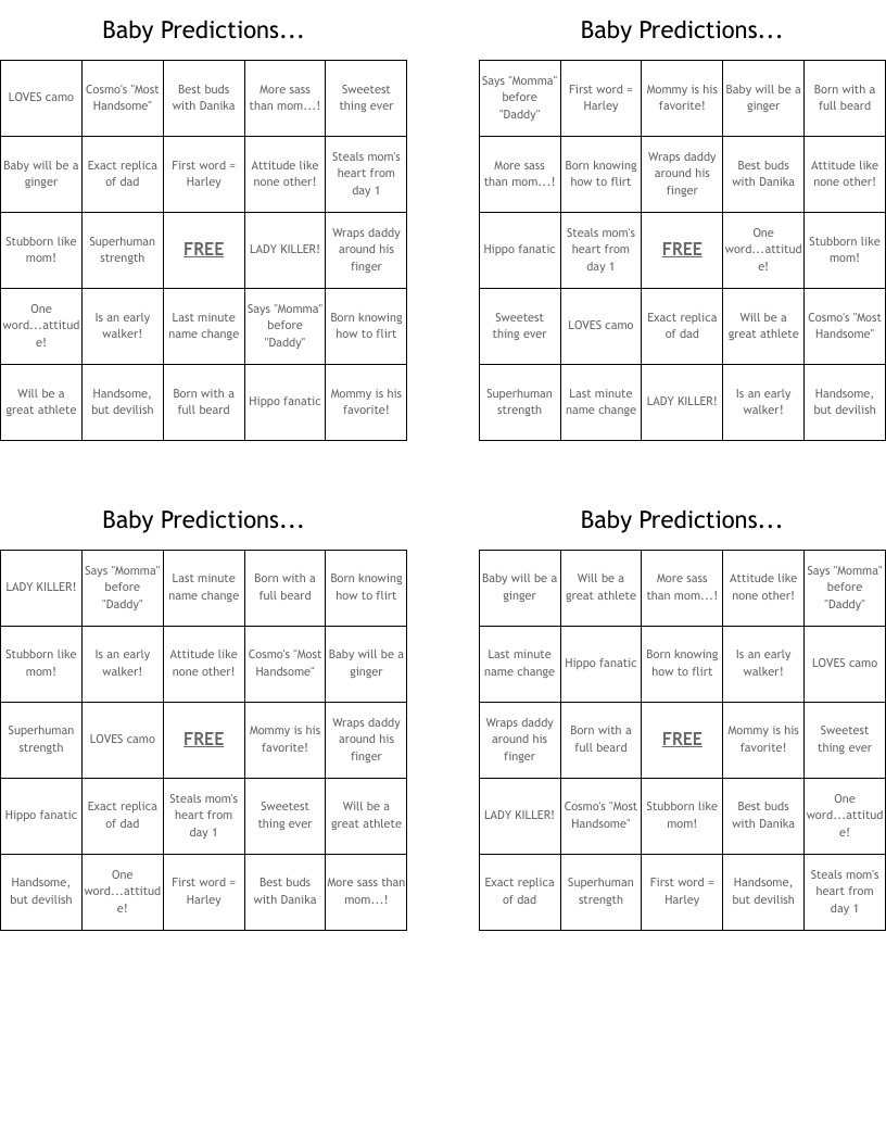 Baby Predictions... Bingo Cards