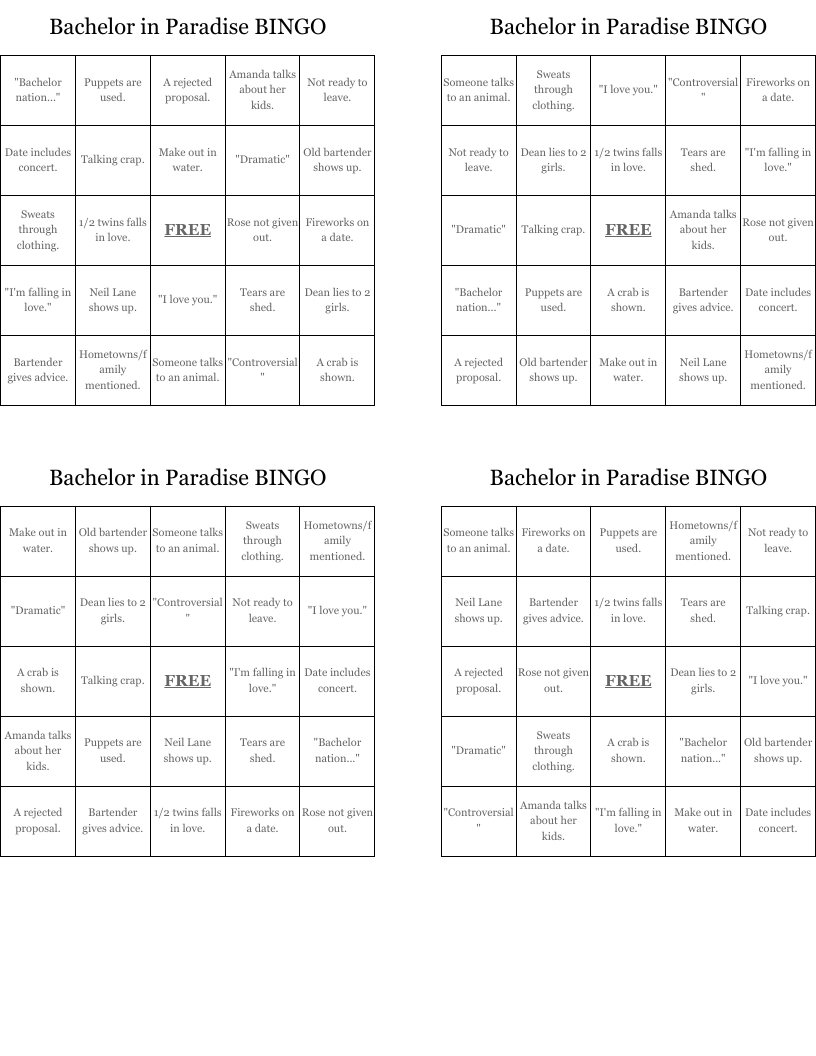 Bachelor in Paradise BINGO