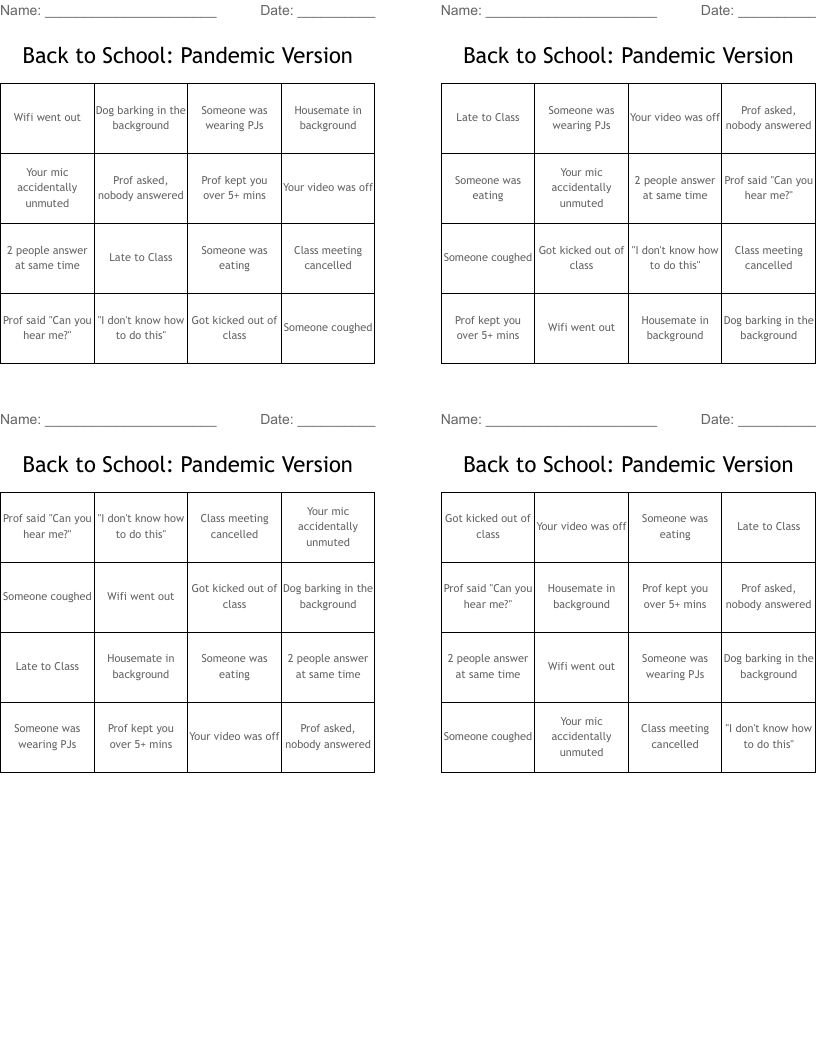 Back to School: Pandemic Version Bingo Cards