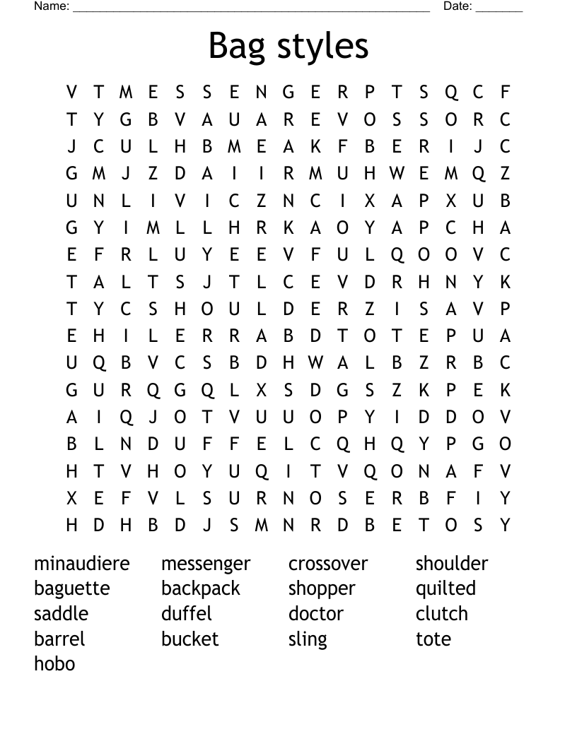 Bag styles Word Search WordMint