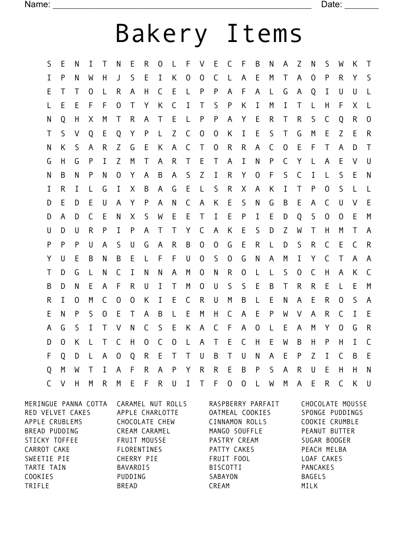 Bakery Items Word Search WordMint