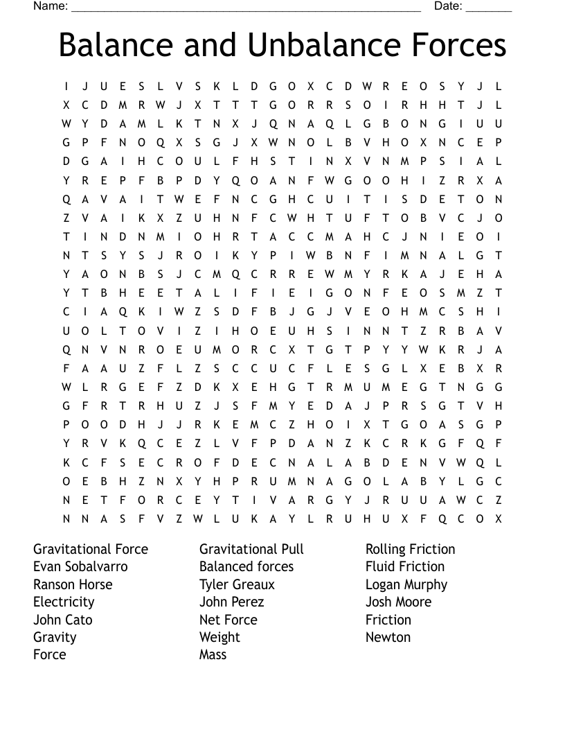 Balance and Unbalance Forces Word Search