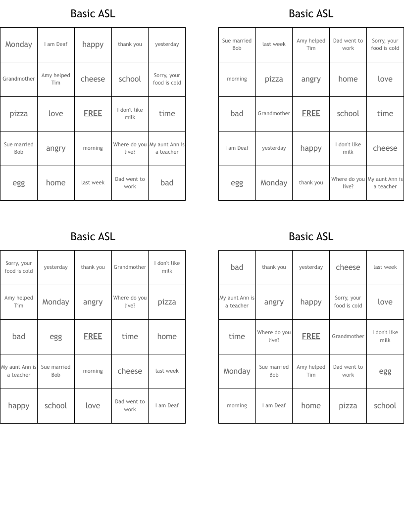 Basic ASL Bingo Cards